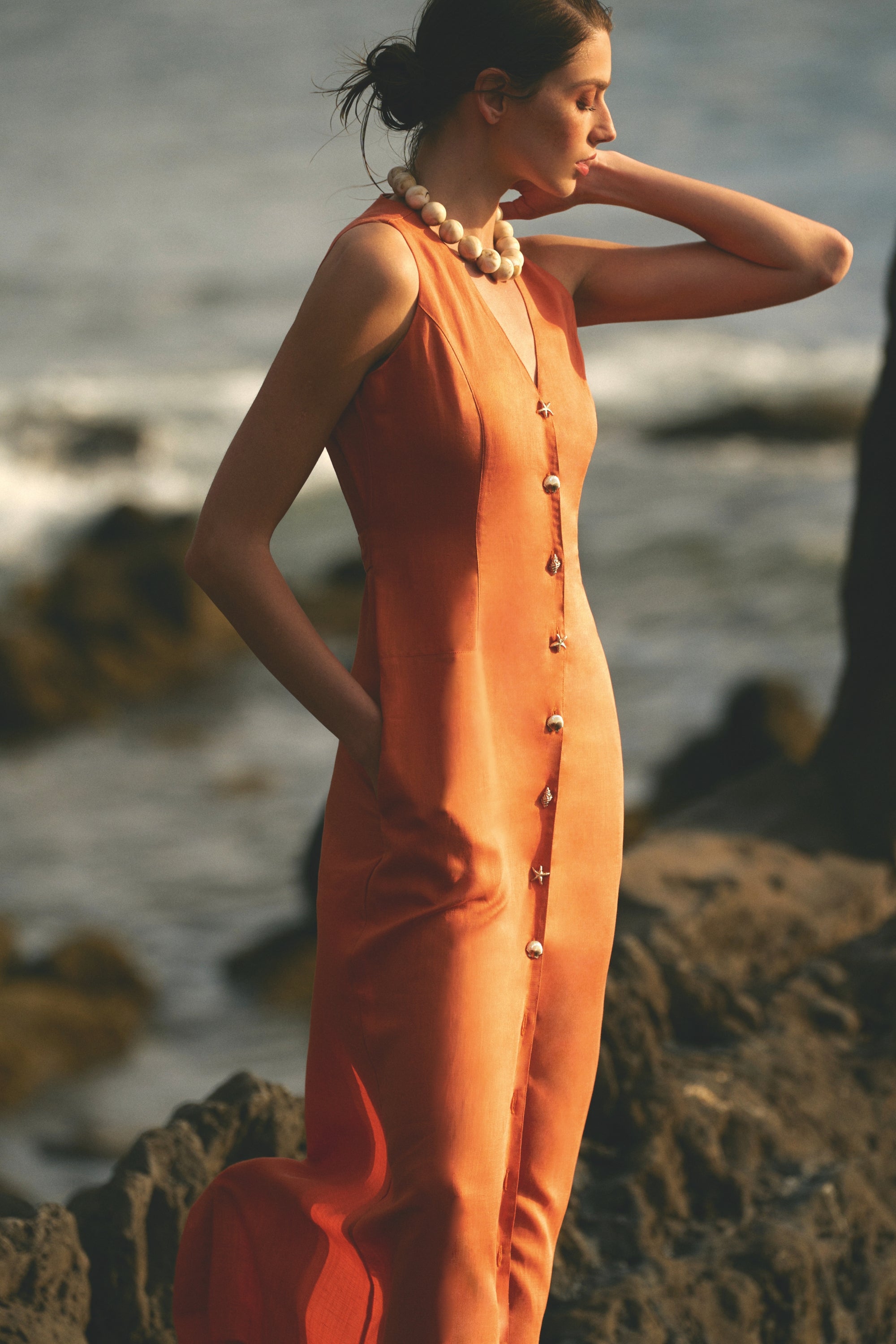 Robe longue boutonnée en lin terracota