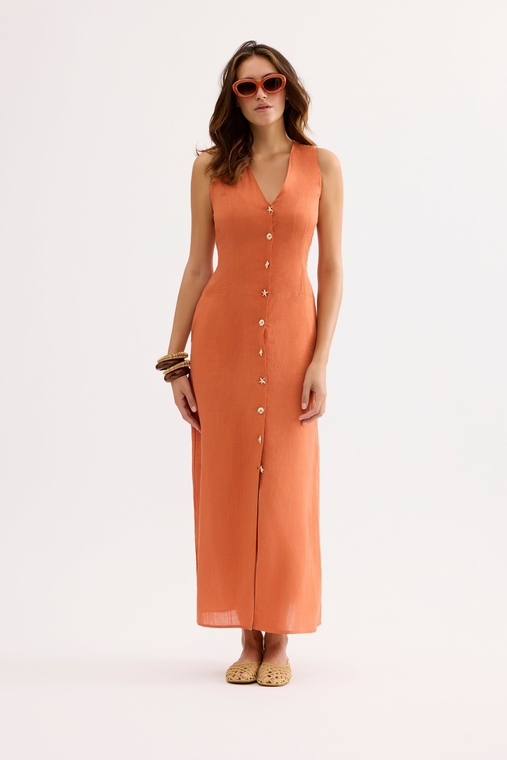 Robe longue boutonnée en lin terracota