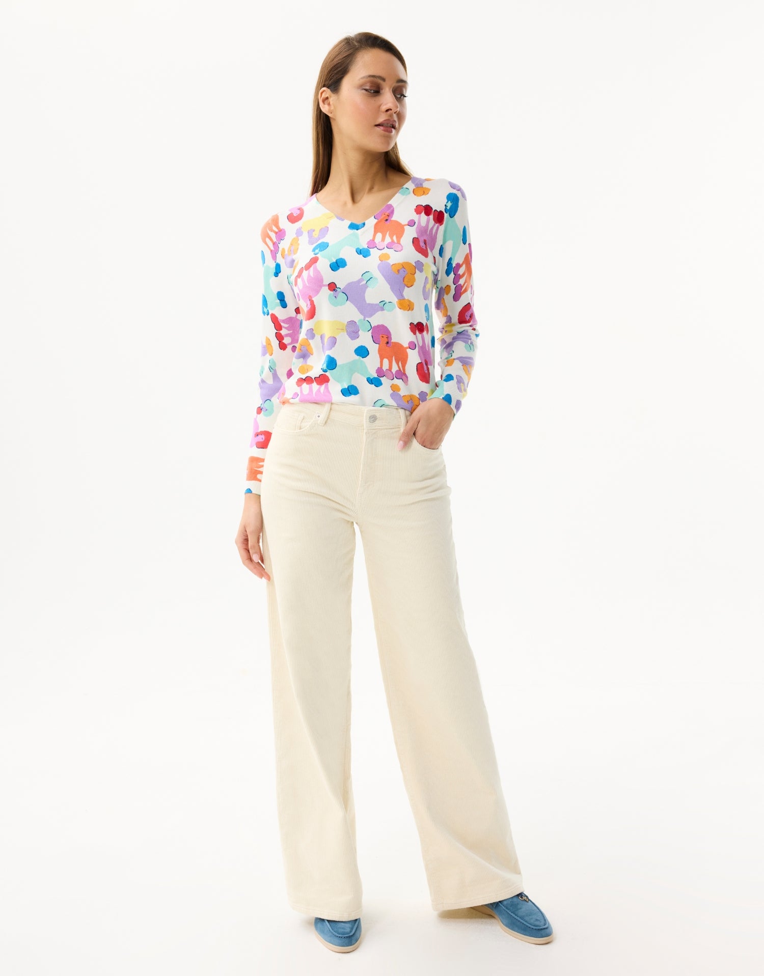 Pull col V imprimé multicolore