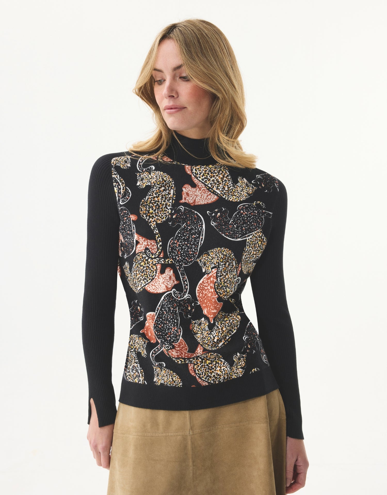 Pull col montant imprimé léopard
