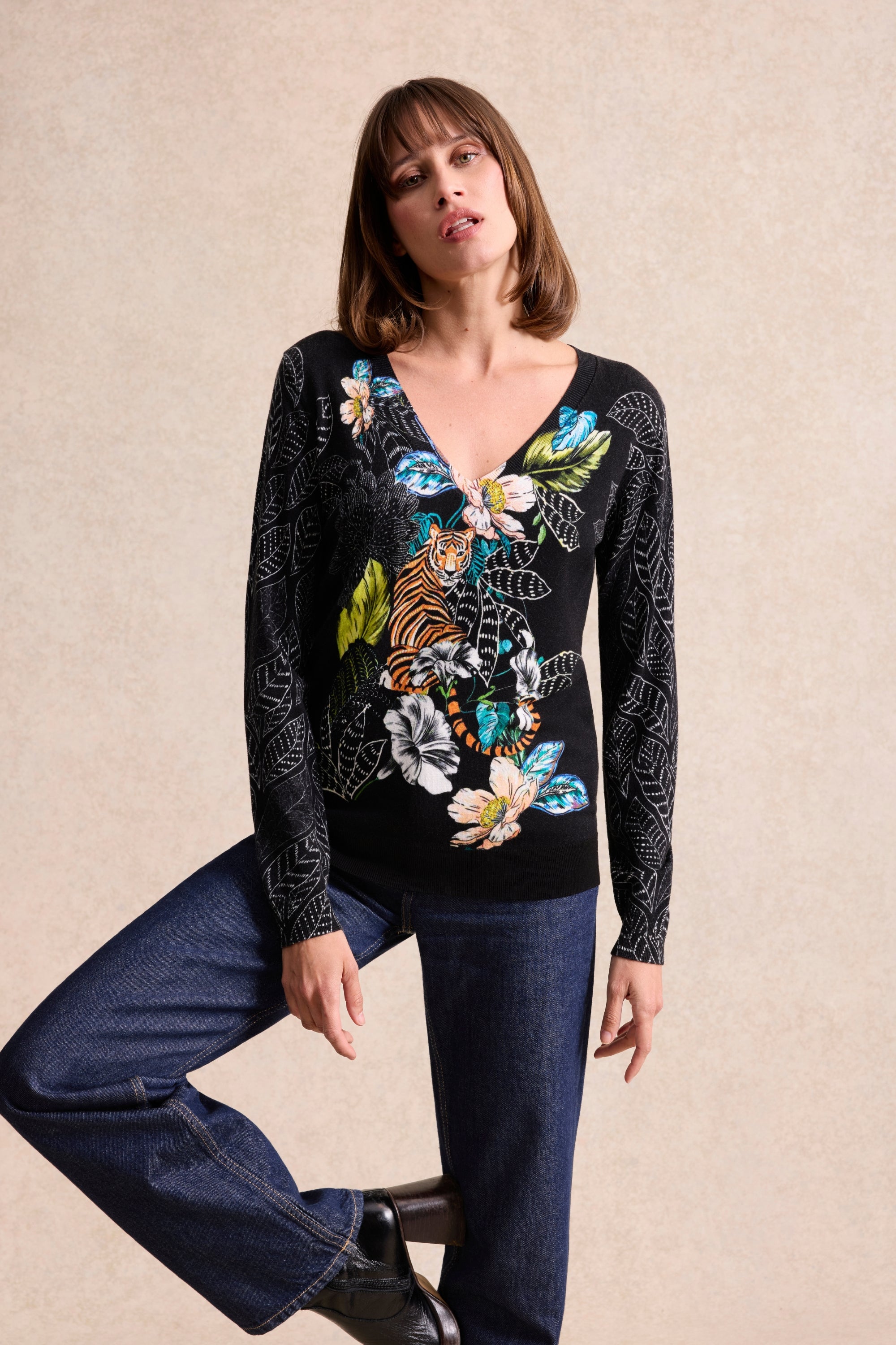 Pull noir imprimé tigre