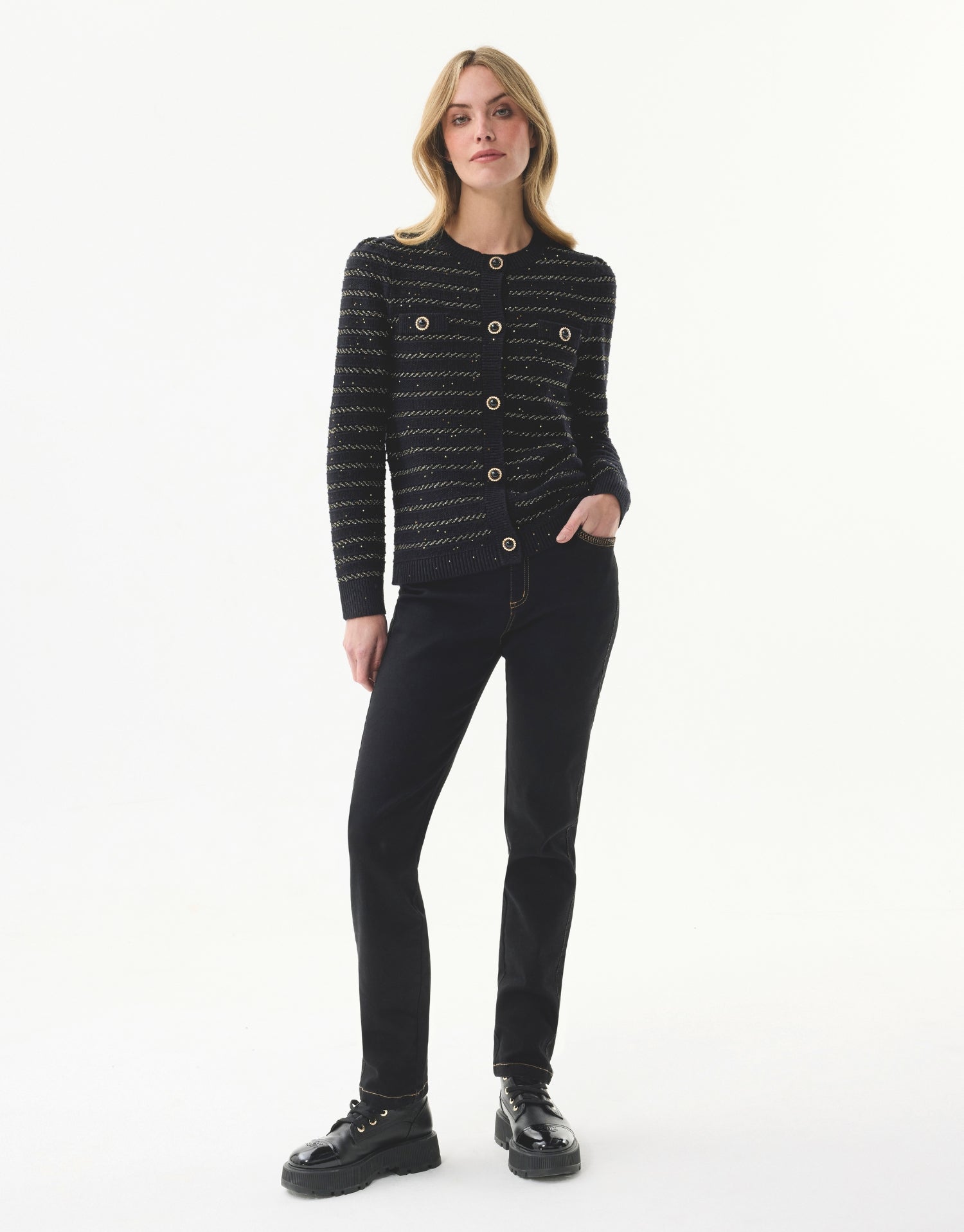 Cardigan noir à rayures dorées