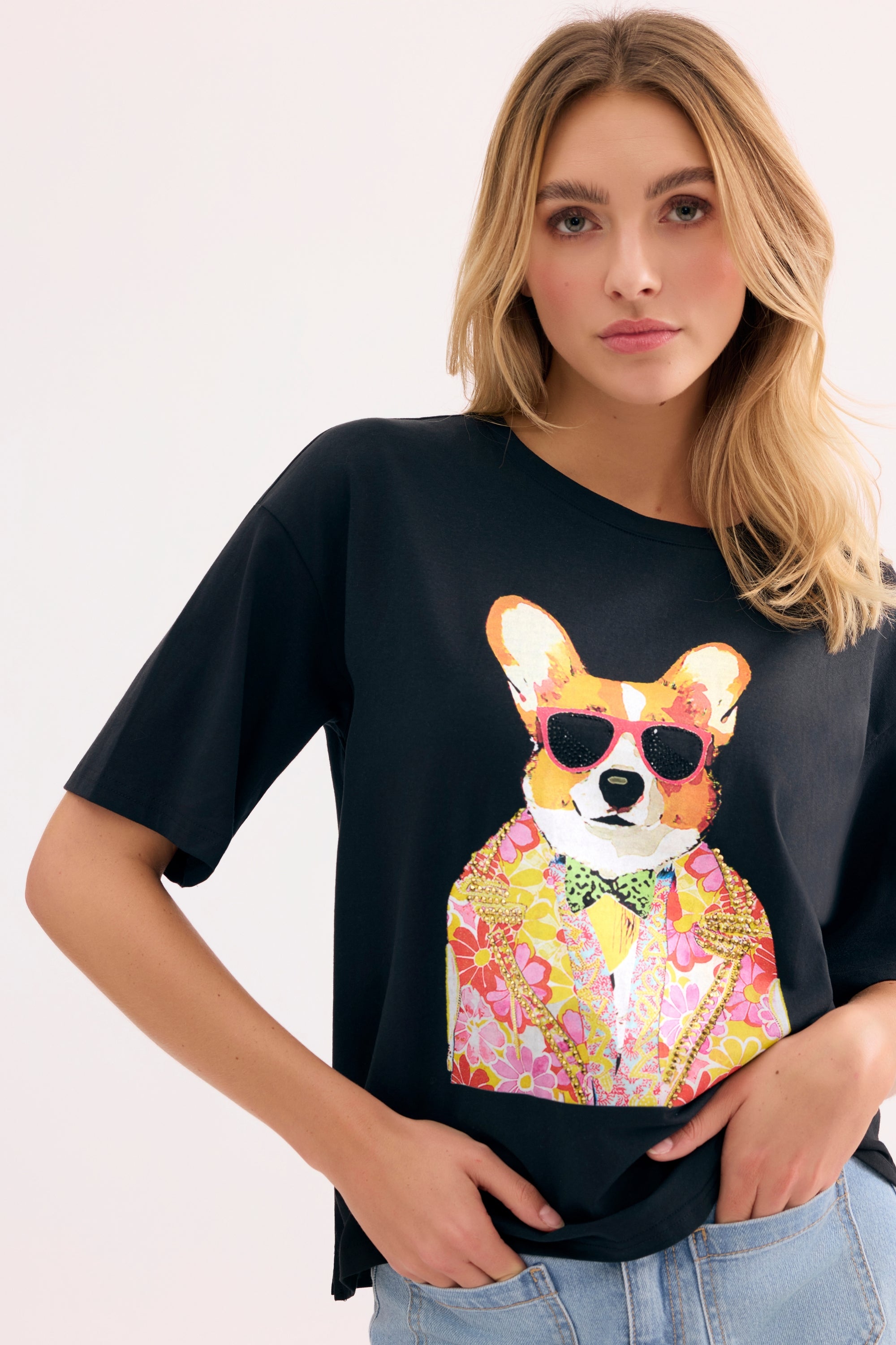 T-shirt imprimé chien stylisé noir