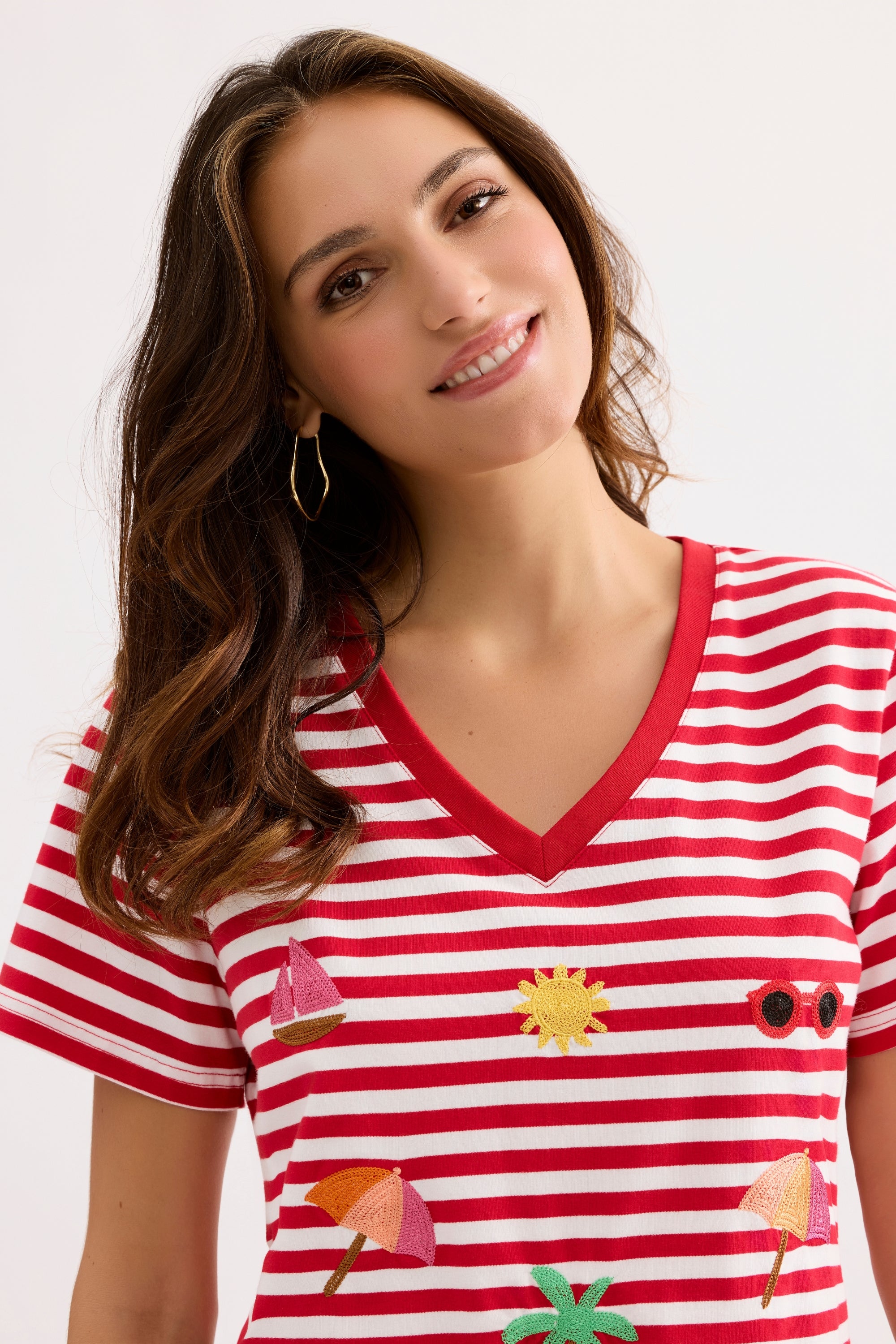 T-shirt marinière brodé esprit vacances rouge
