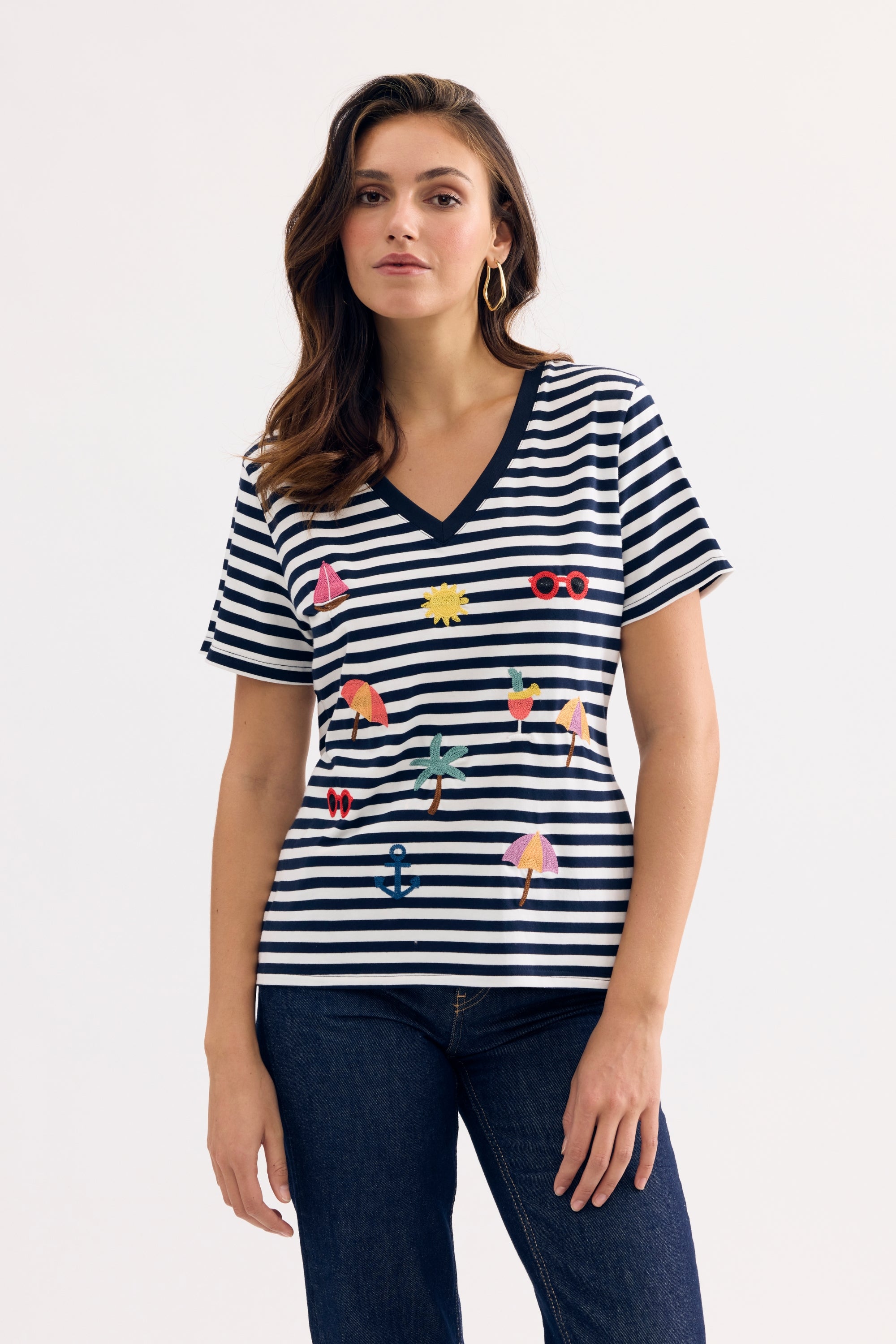 T-shirt marinière brodé esprit vacances bleu marine