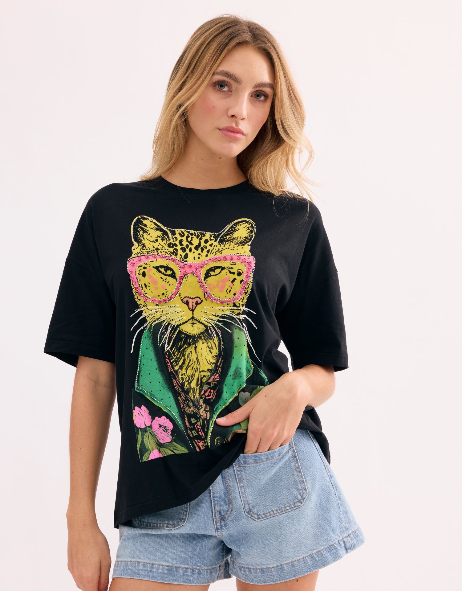 T-shirt oversize imprimé félin arty noir