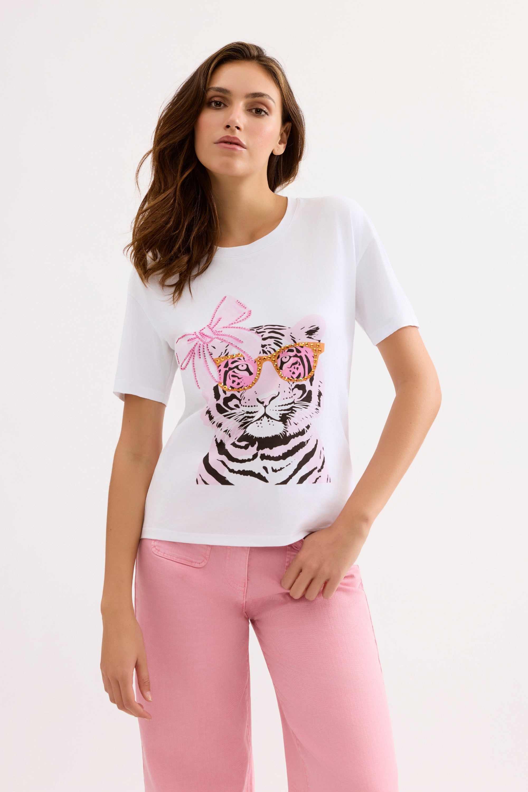 T-shirt tigre fantaisie à strass blanc