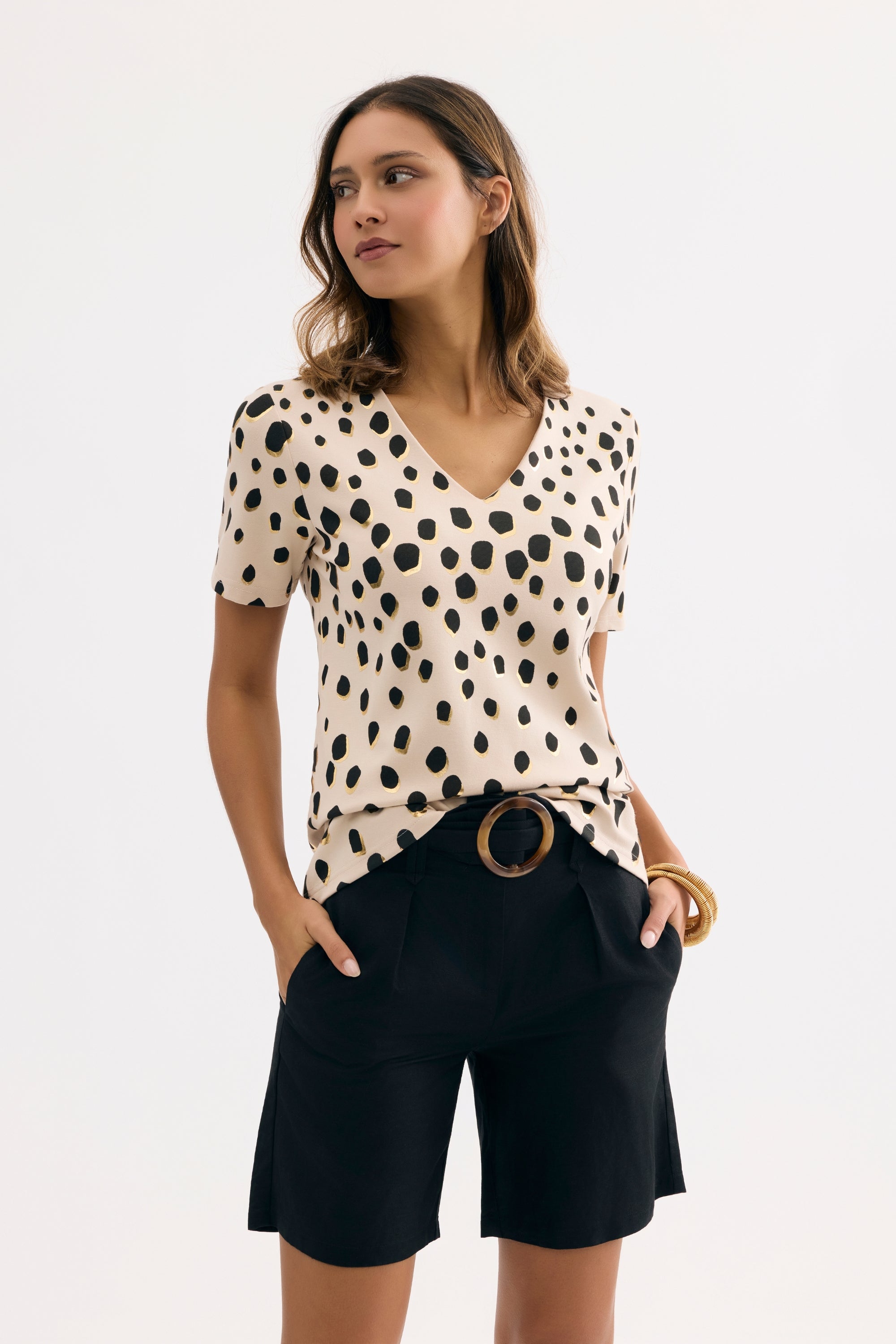T-shirt imprimé pois graphiques beige