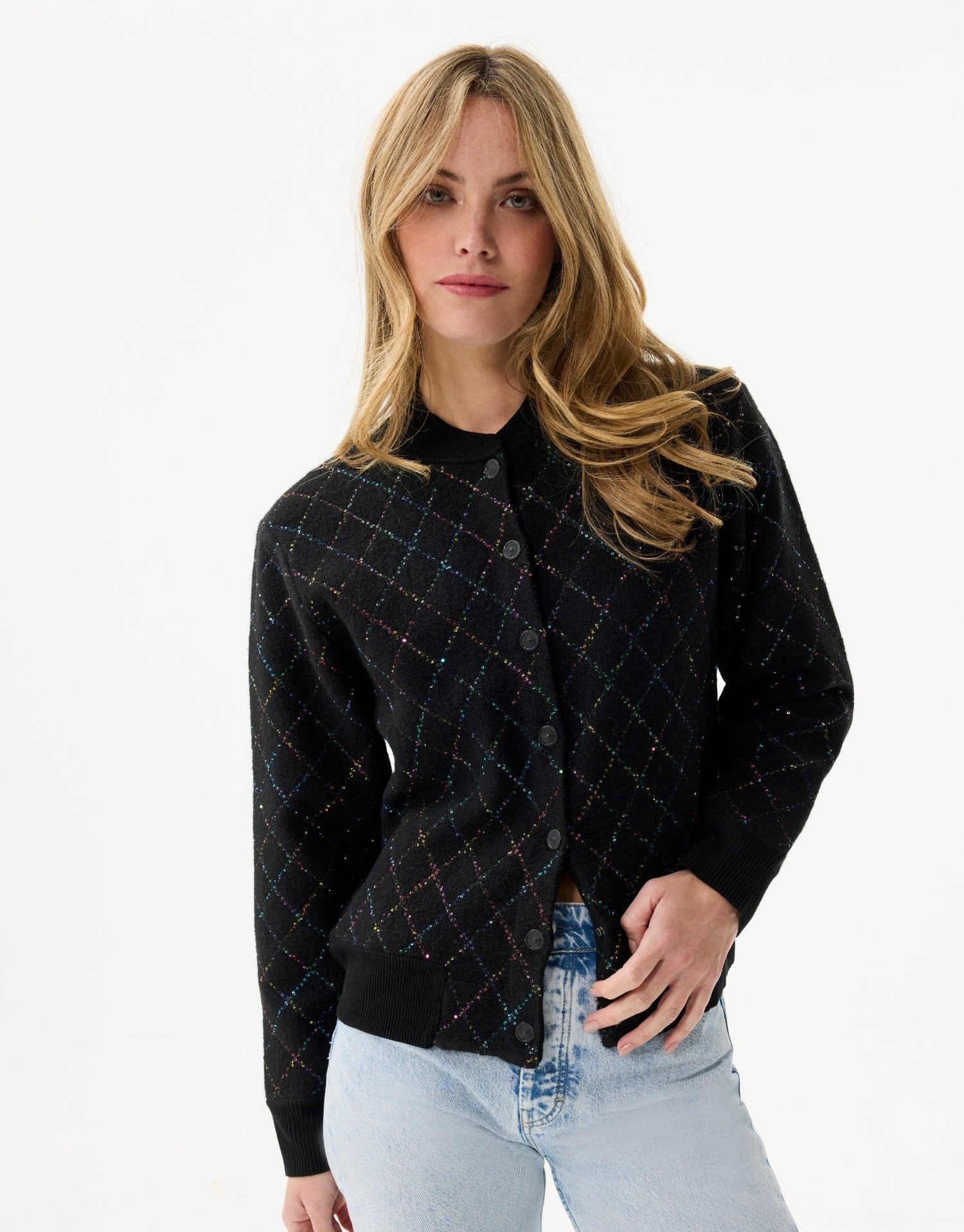 Gebreid vest met glinsterend ruitpatroon van wol