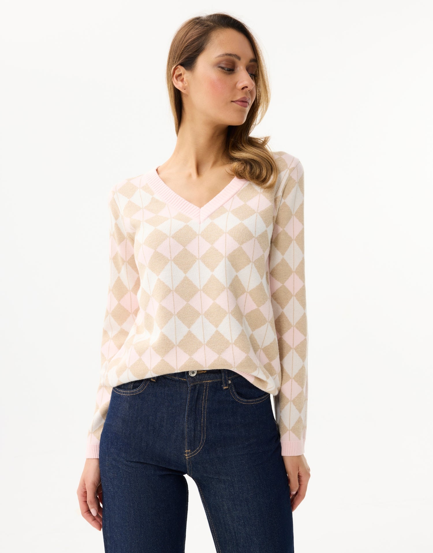 Pastel ruittrui met V-hals