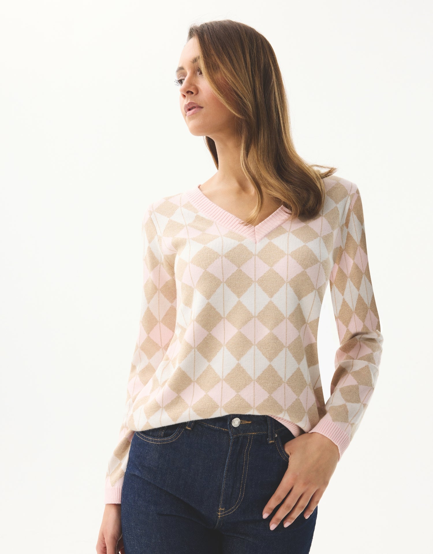 Pastel ruittrui met V-hals