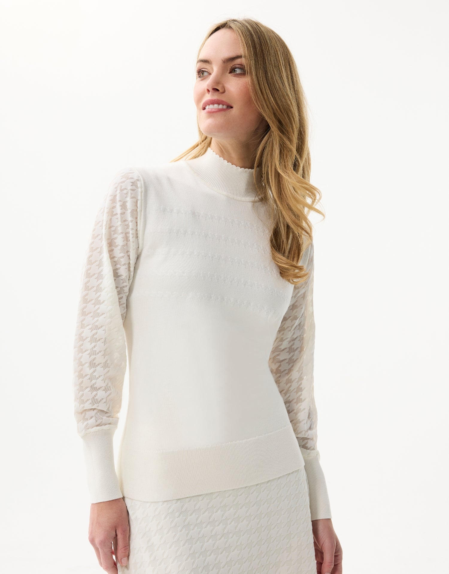 Trui met voile mouwen en pied-de-poule patroon