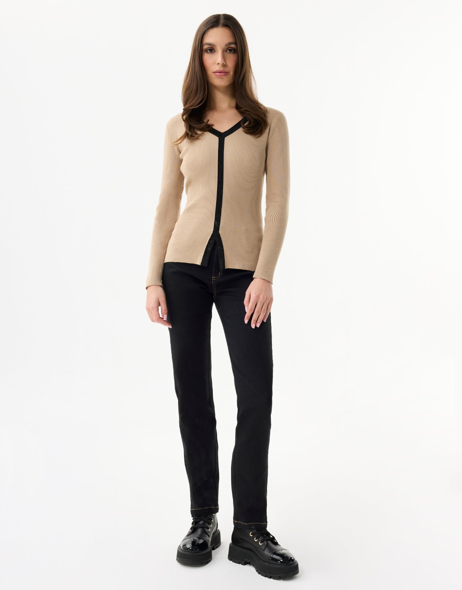 Pull col V met contrasterende lurex details