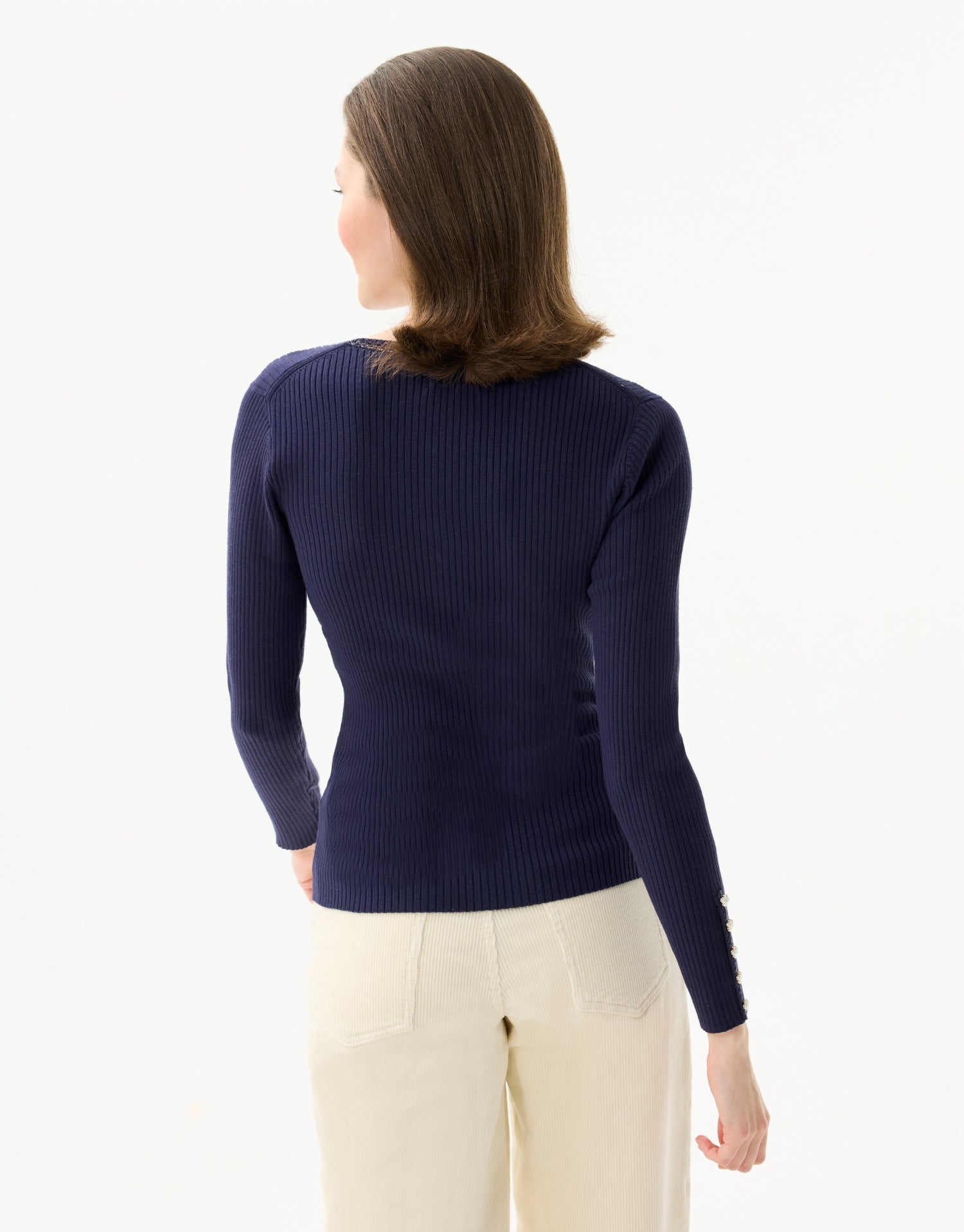 Cardigan côtelé à boutons bijoux bleu marine
