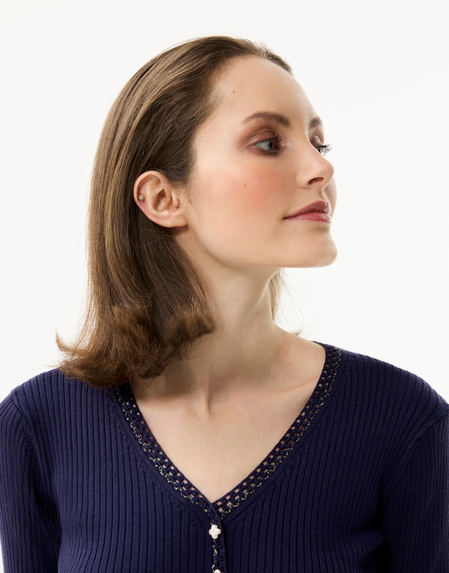 Cardigan côtelé à boutons bijoux bleu marine