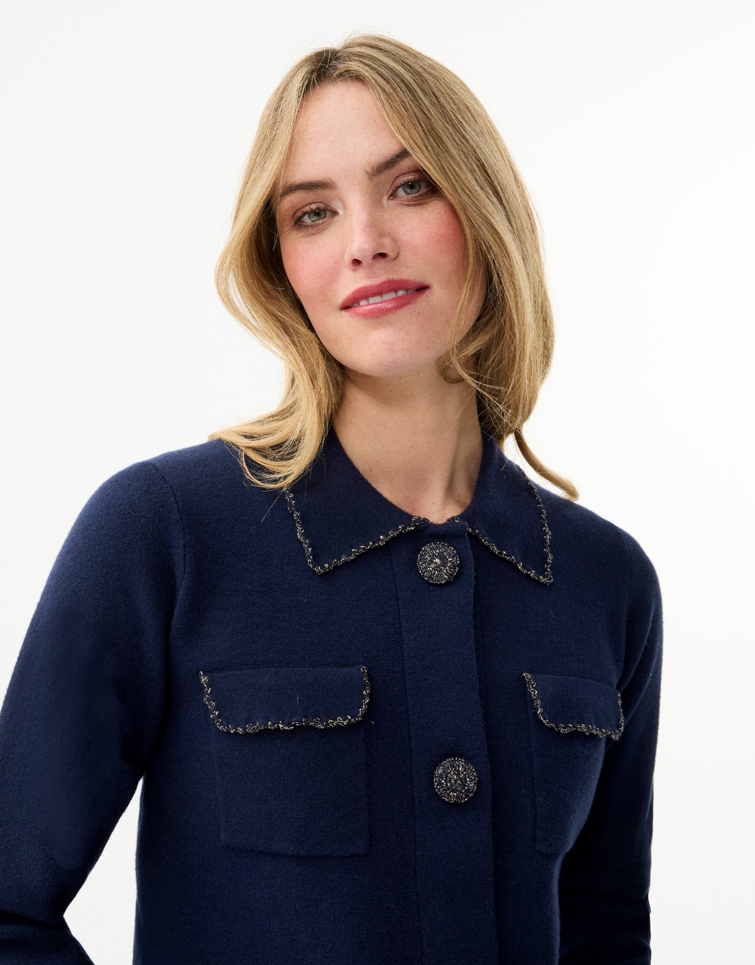 Cardigan chic à poches plaquées bleu marine