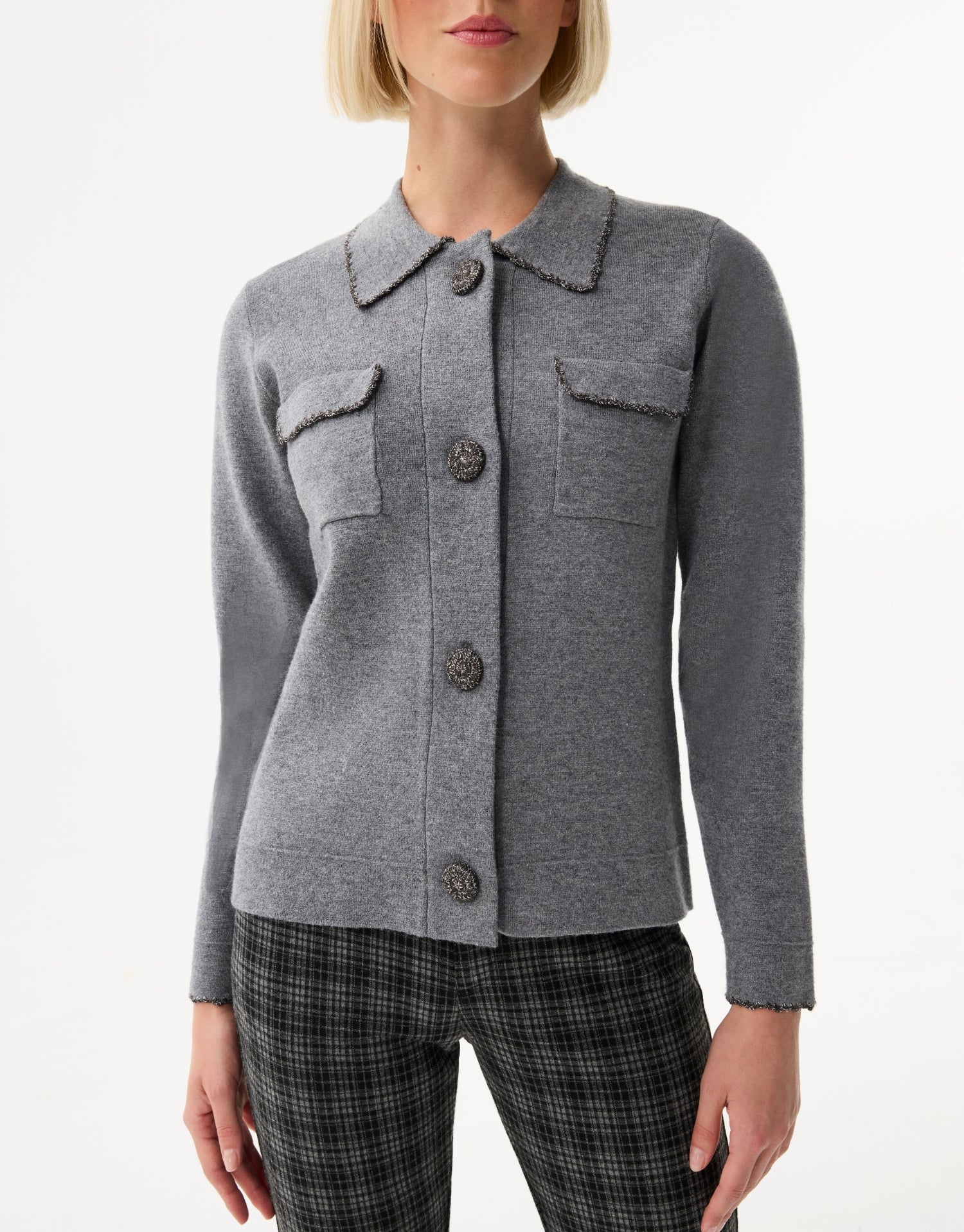 Cardigan chic à poches plaquées gris