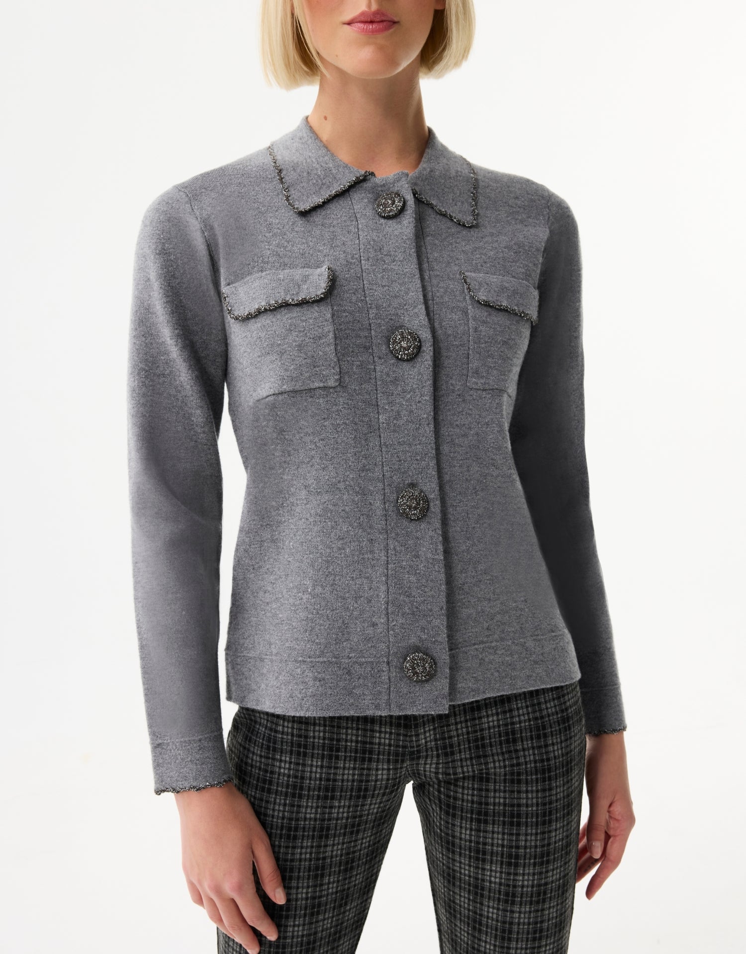 Cardigan chic à poches plaquées gris