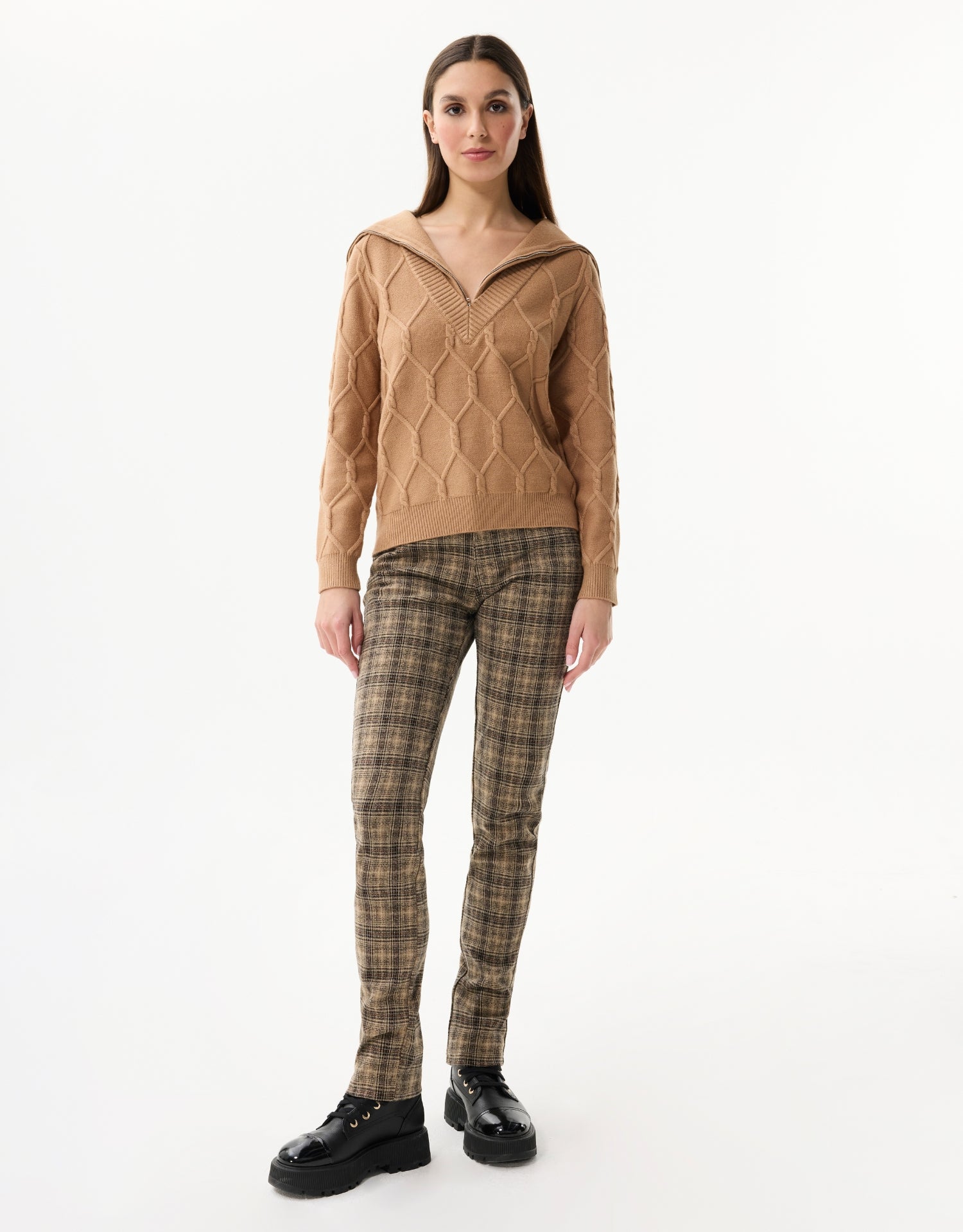 Zip-up collar sweater in textured knit
