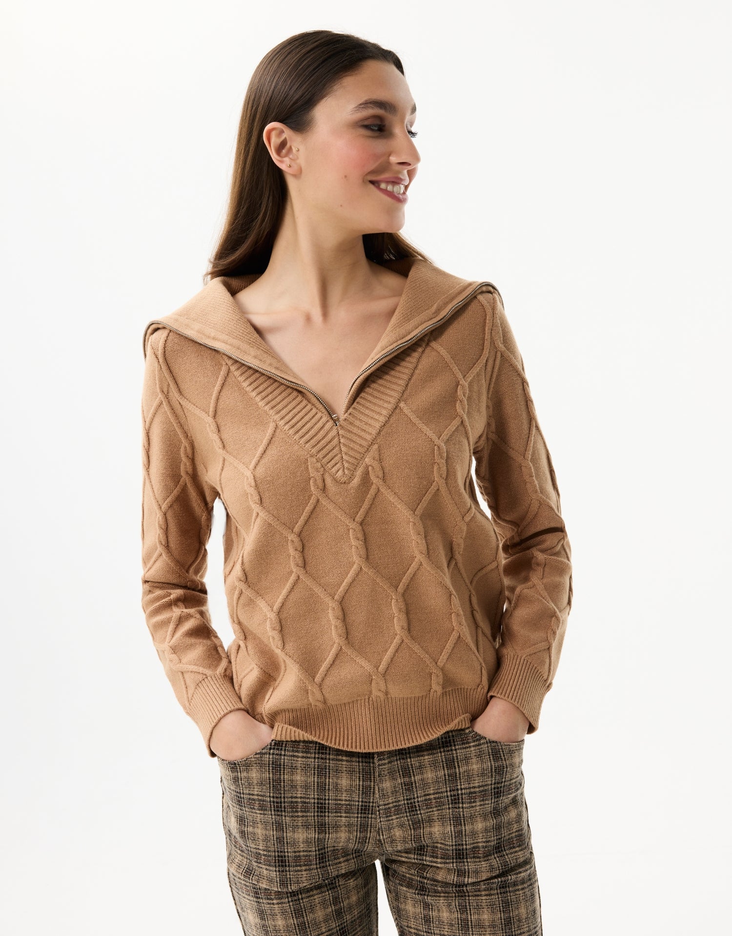 Zip-up collar sweater in textured knit