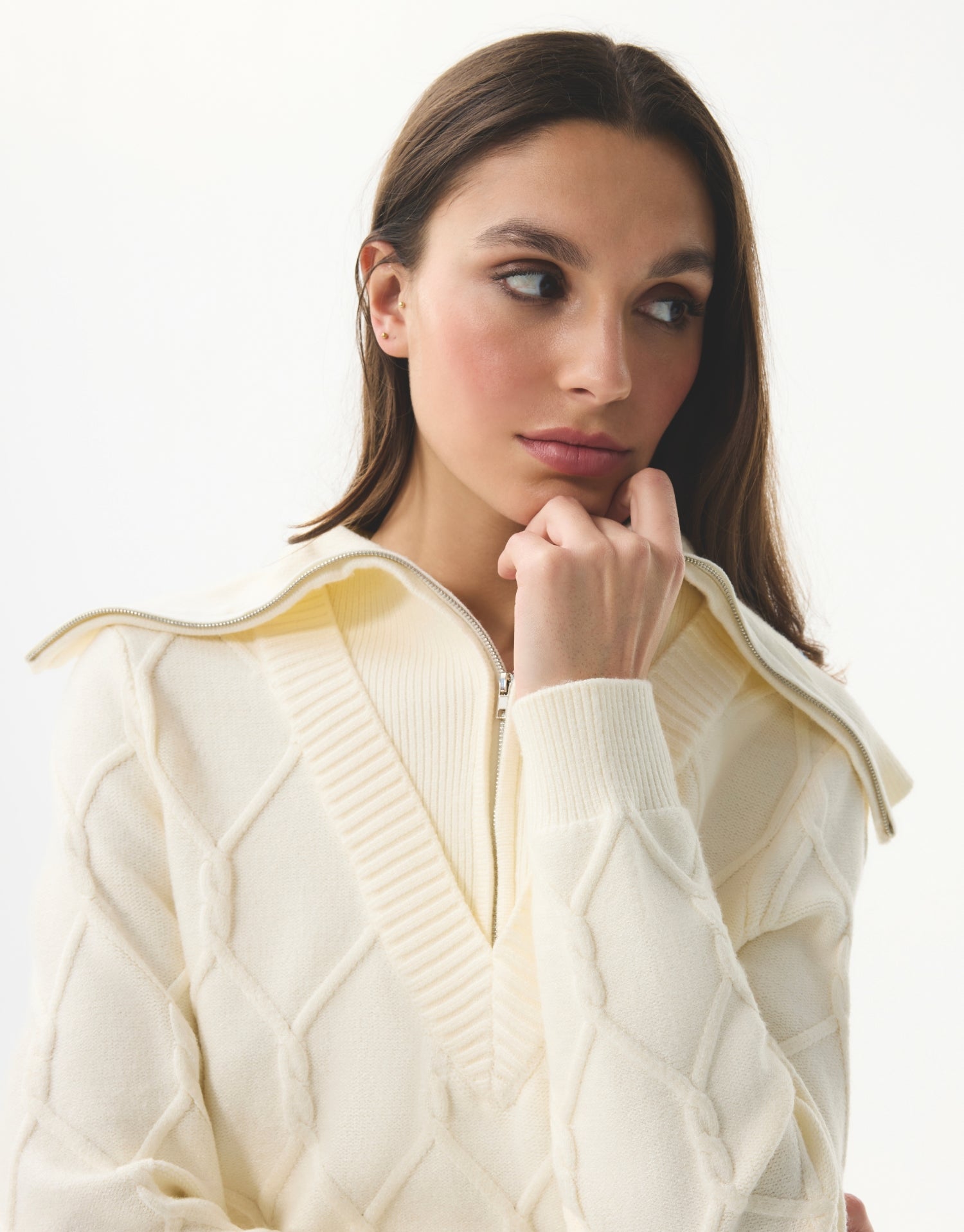 Zip-up collar sweater in textured knit