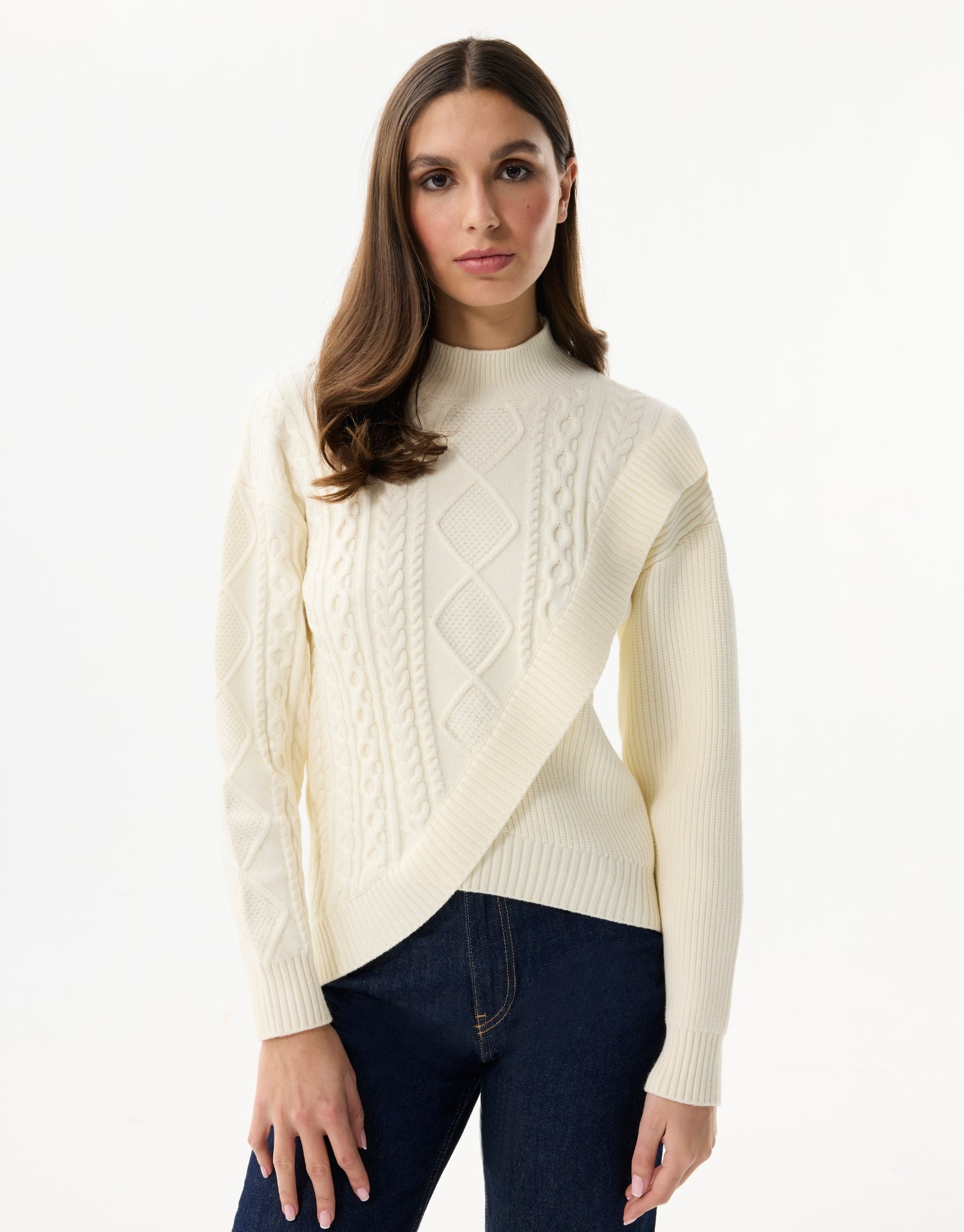 Twisted knit pullover with crossover cut
