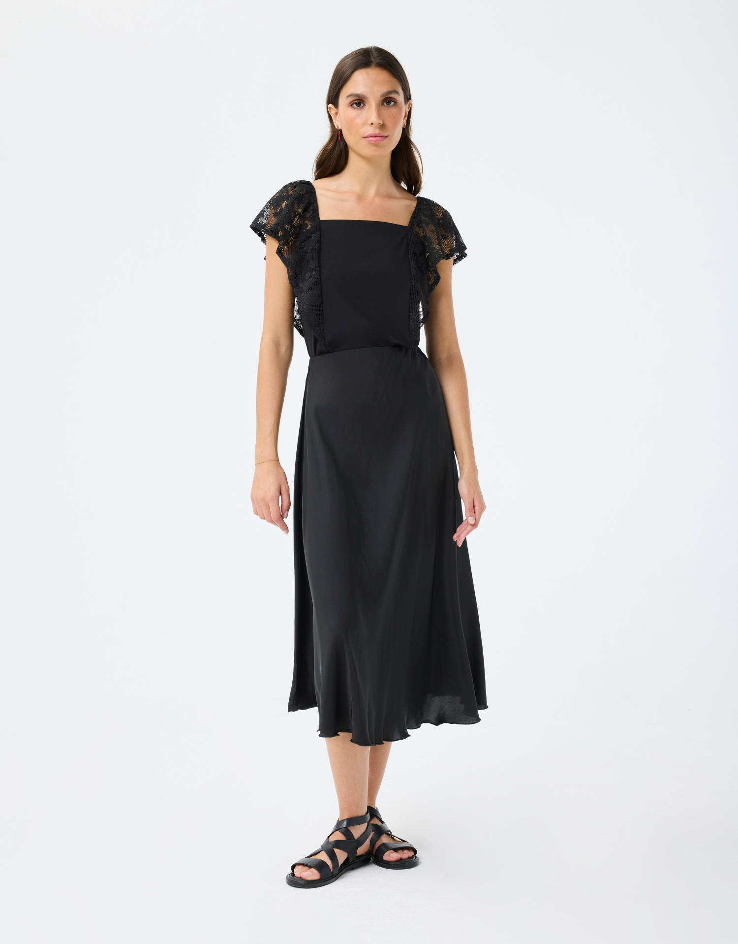 Black lace ruffled T-shirt