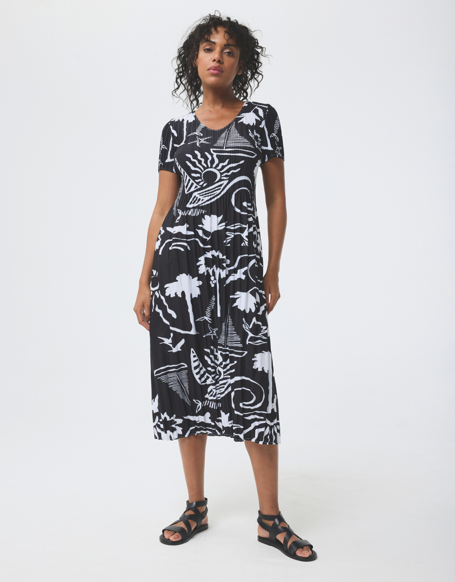 Black and white pleated midi dress