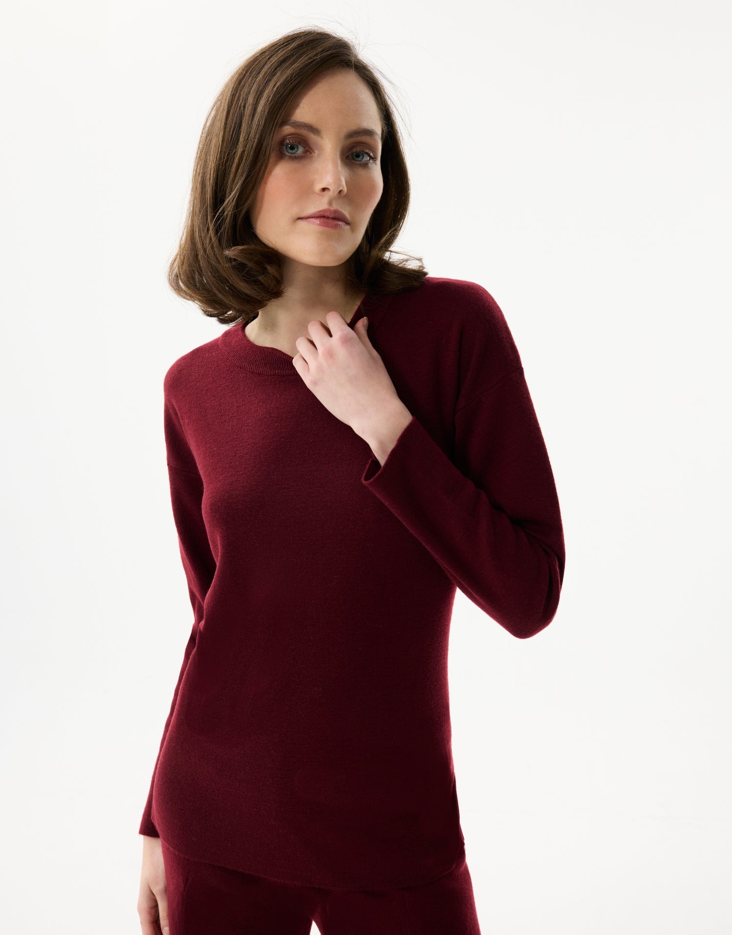 Pull col rond uni bordeaux