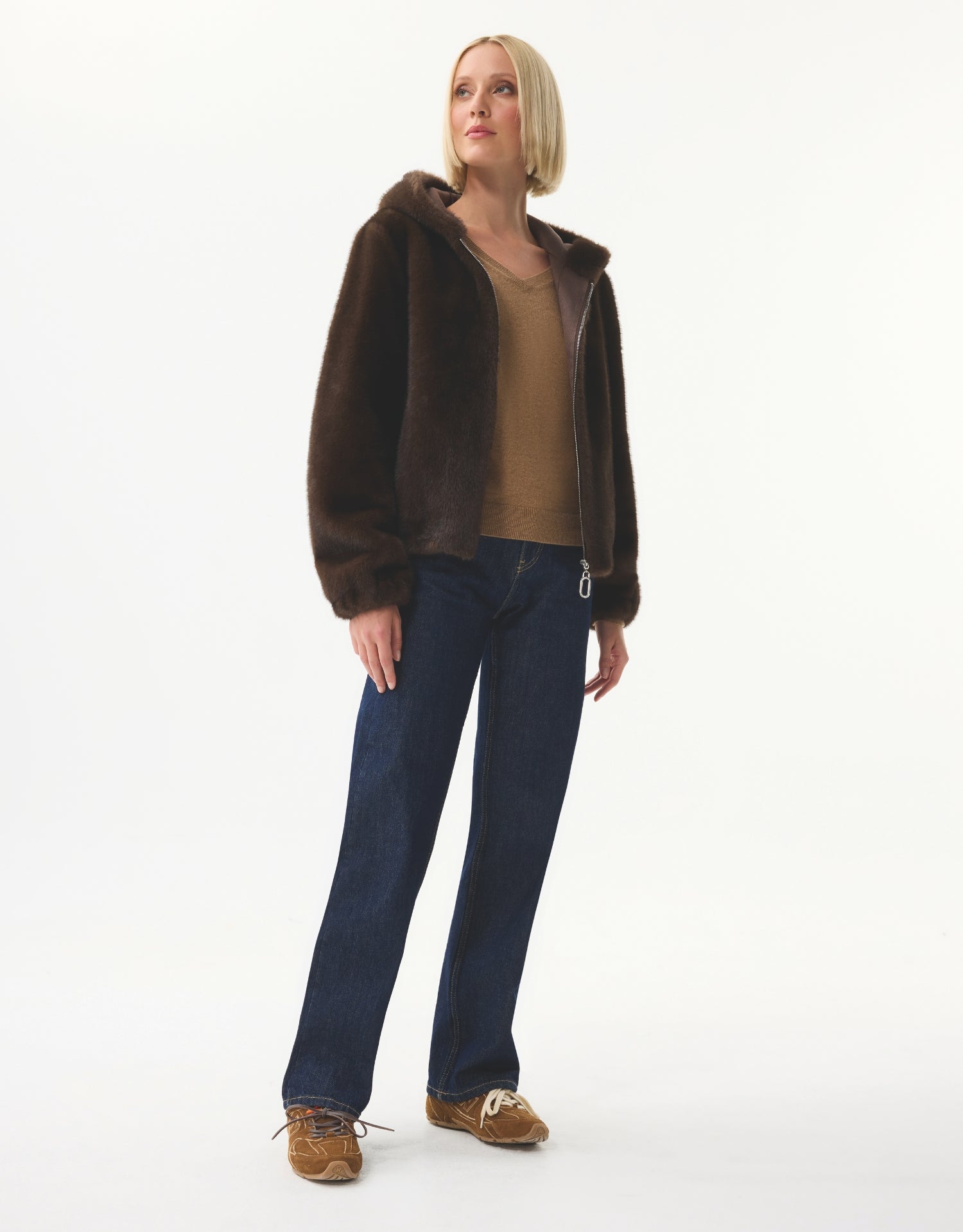 Veste à capuche en fausse fourrure marron